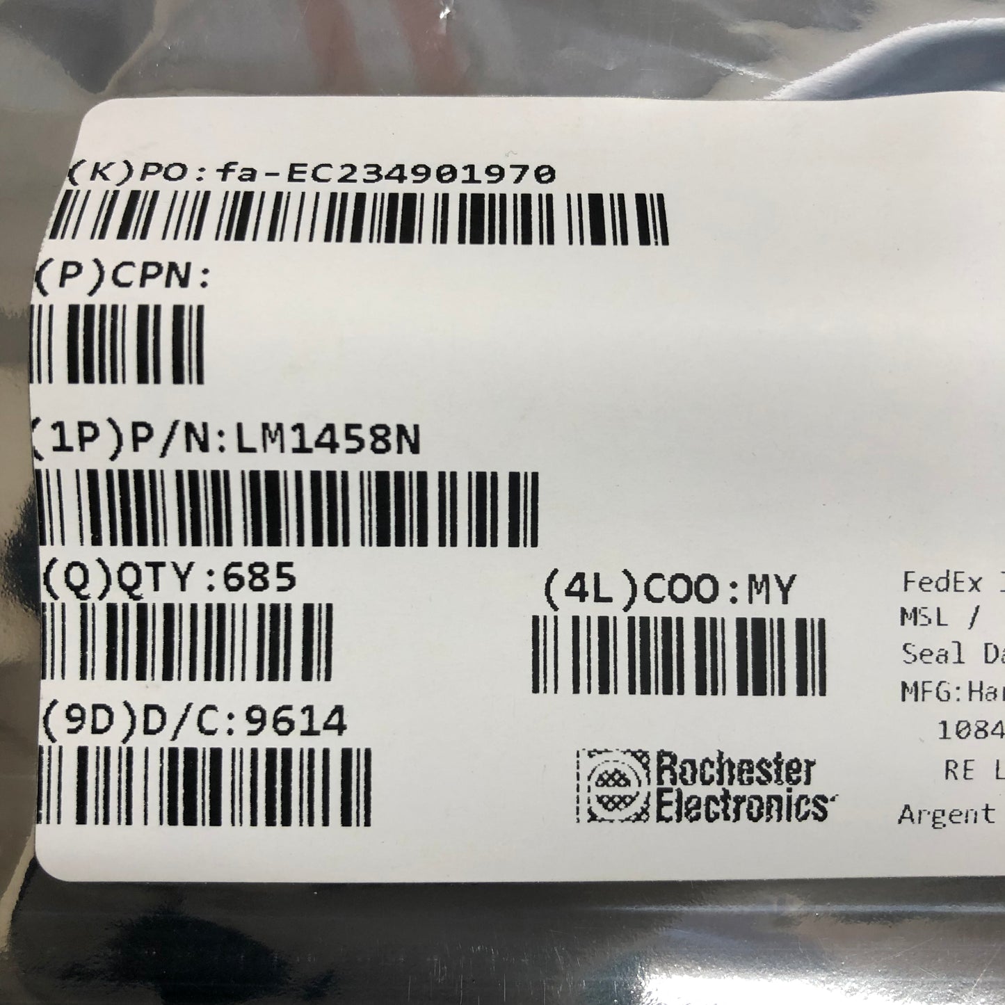 Harris LM1458N - 0.9MHZ dual, high gain op amp DIP8